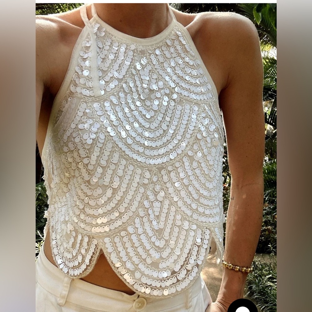 12th Tribe Cleo White Sequin Halter Tie Top Size Large NWT.